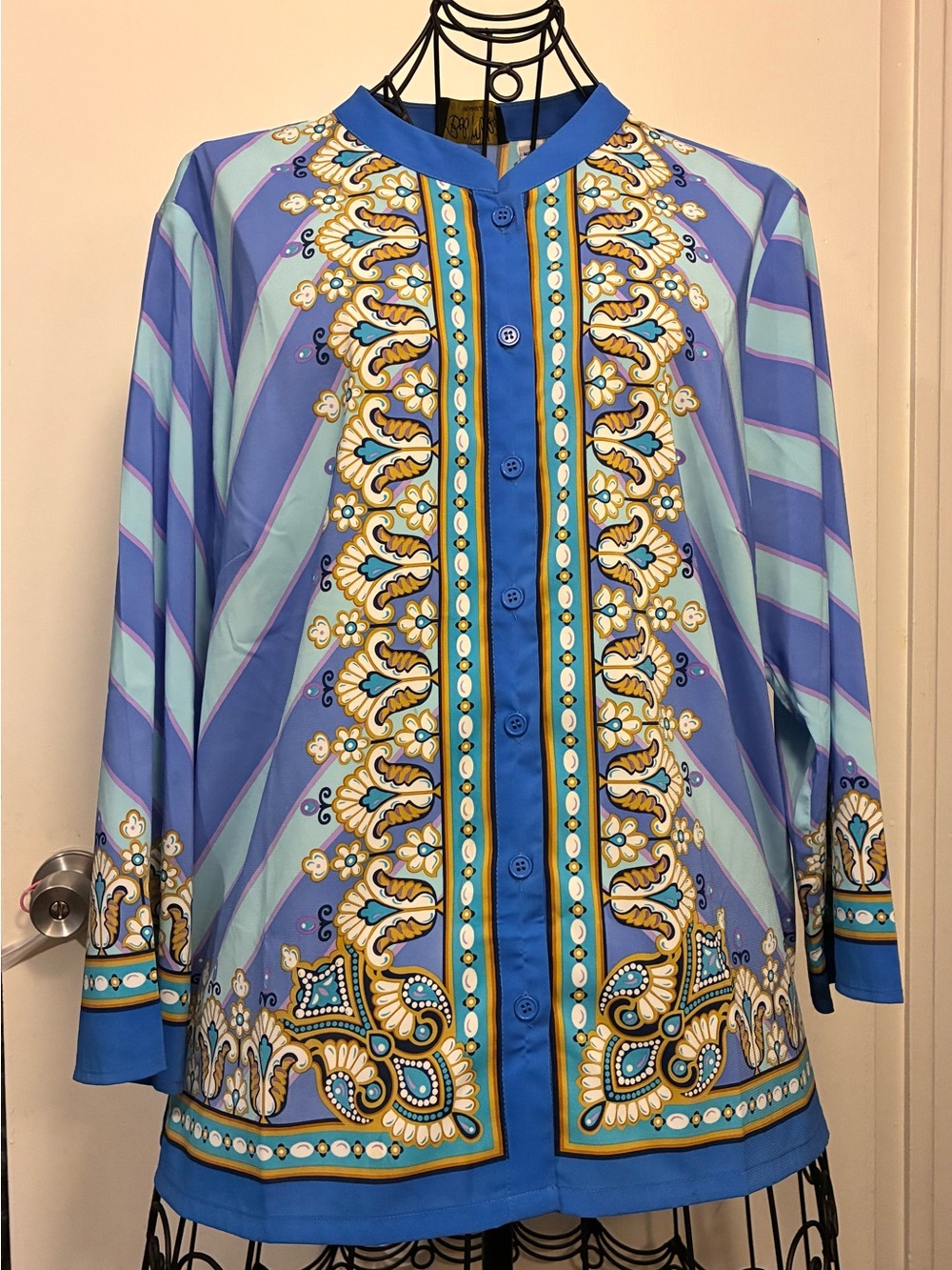 Printed Blue Button-Front Women's Blouse